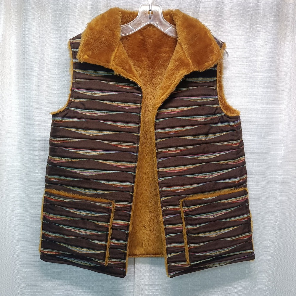 Vtg Southwestern Faux Fur Lined Vest Brown Geometric Embroidered Open‎ Front